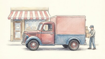 Vintage red and blue delivery truck parked outside a quaint shop, with a man unloading boxes, showcasing a nostalgic scene of commerce and community
