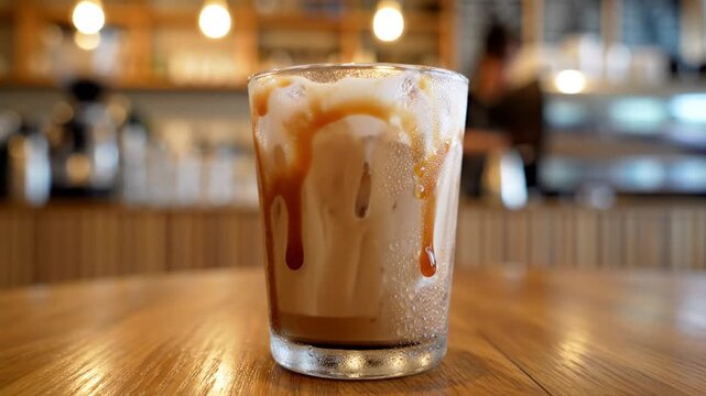 Iced coffee in a glass with caramel drizzle sits on a warm wooden cafe table, blurred background...