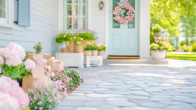 Suburban Home Entryway with Pastel Door, Pink Blooms, and Potted Plant Delivery
