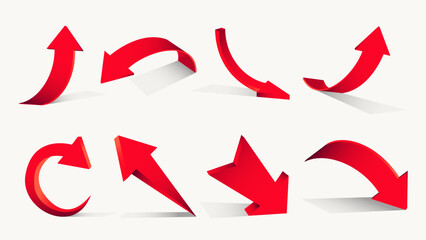 Red 3D Arrow Set. Collection of realistic curved pointers with shadows isolated on white background. Vector illustration for business infographics, growth charts, and directional navigation.