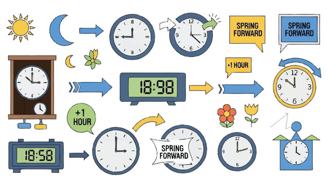 Colorful clocks illustrating time change with spring forward concept analog clocks