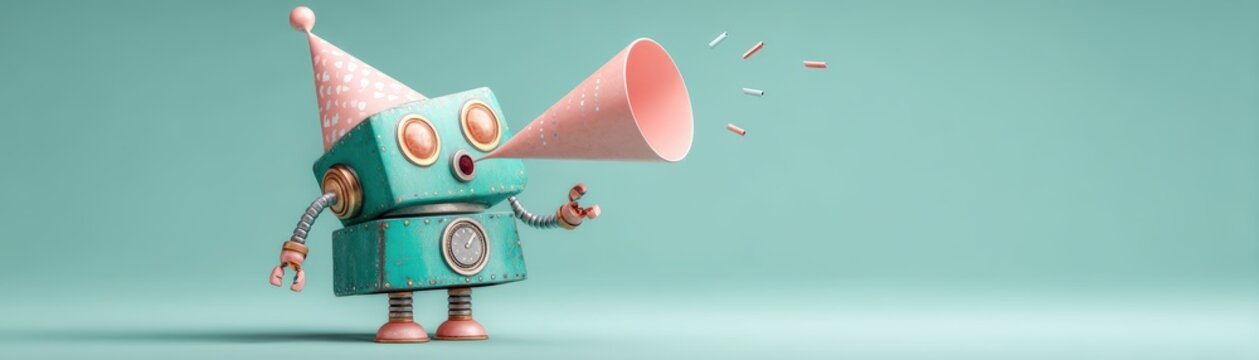 A whimsical robot character wearing a party hat, holding a megaphone, exuding a playful and festive vibe against a pastel background, cute St. Patrick's robot with space for text