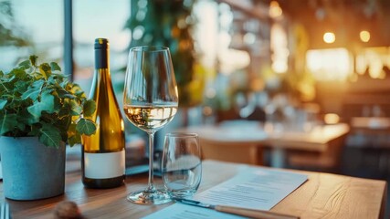 Elegant dining ambiance featuring white wine bottle, full glass, and menu on wooden table with soft evening glow.