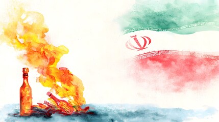 Iranian Hope Symbolic Watercolor Illustration Fire Bottle Flag Artistic Political Concept Design