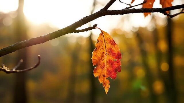A single vibrant autumn leaf clings to a branch bathed in golden sunlight creating a warm and peaceful fall scene perfect for seasonal marketing and design projects