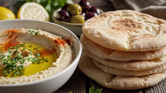 Creamy hummus in a white bowl, olive oil drizzle, paprika dust, parsley, warm flatbread and lemons!!
