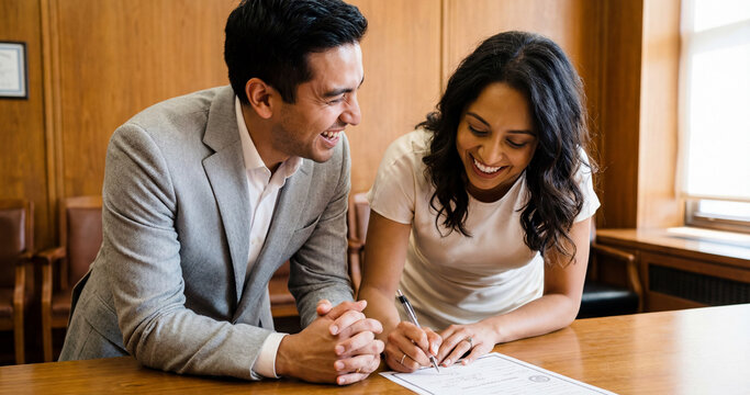 Couple signing marriage license documents with smiles indoors  