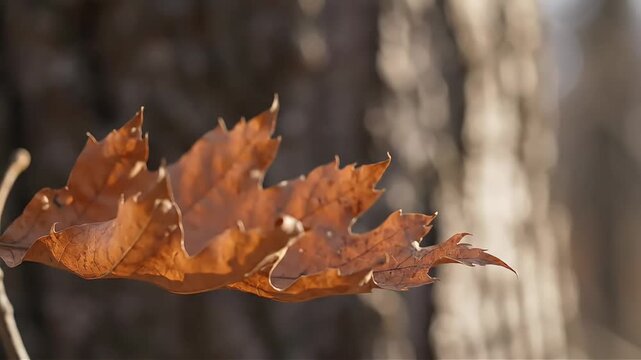 A single vibrant autumn oak leaf gently falls against a blurred background of trees capturing the beauty and tranquility of fall foliage and seasonal change