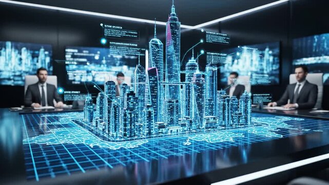 Futuristic holographic city planning model projected over conference table with business team and professionals evaluating digital data overlay, skyscraper planning, glowing grid visualization