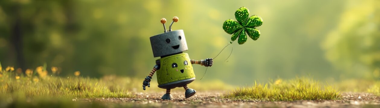 A cheerful robot holds a clover while walking through a vibrant, sunlit forest, embodying a sense of joy and whimsy, cute St. Patrick's robot with space for text