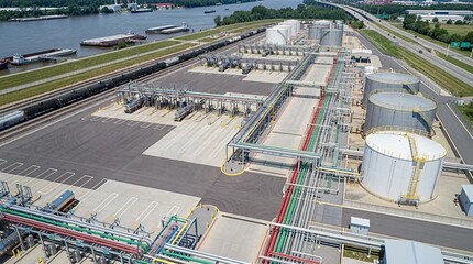 Aerial view of industrial terminal facility with trucks and trains for distribution fuel transport.