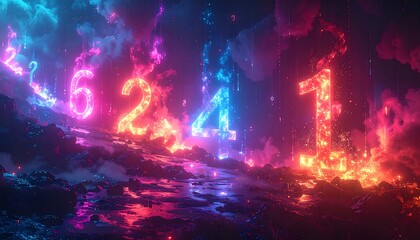 Numbers glow in a surreal, vivid landscape of clouds and reflections with pink, blue, and orange light emanations