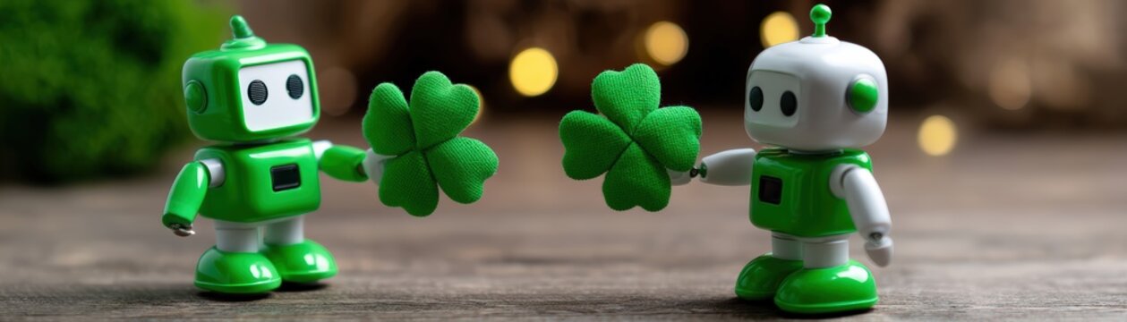 Two cheerful robots hold green clovers, luck and friendship, against a soft blurred background, a whimsical and playful scene, cute St. Patrick's robot with space for text