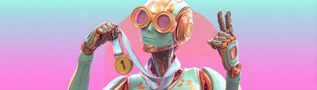 A futuristic robot proudly holds a gold medal, a blend of technology and achievement against a vibrant, colorful background, cute St. Patrick's robot with space for text
