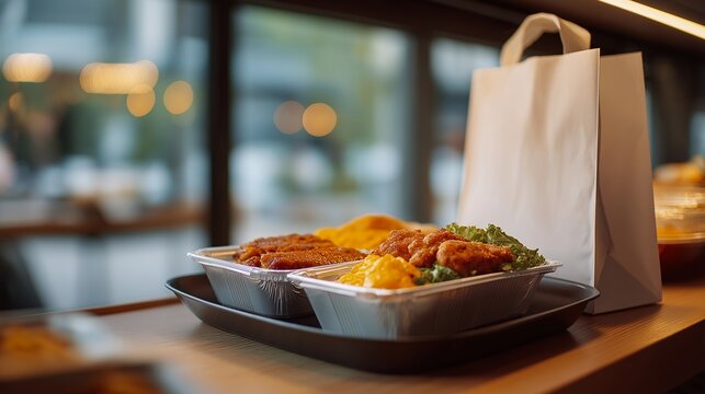 Bag for delivery and pickup orders placed on a restaurant counter, filled with packed meals and sealed containers, highlighting takeaway service, food delivery logistics, and modern dining