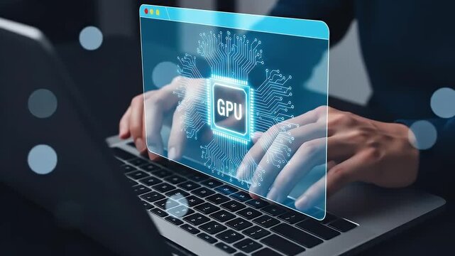 GPU accelerated software and applications. Advanced data processing including simulation and machine learning. Businessman using laptop computer.
