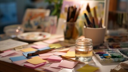 An artist's workspace is transformed with scattered sticky notes in various colors, serving as reminders and ideas, alongside paint supplies and sketches, highlighting a creative process in action.