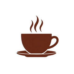 Fototapeta premium Minimalist solid brown 2D graphic icon of a ceramic tea cup with a handle on a matching saucer, white steam, transparent background, subtle shadow, concept of relaxation and hot beverage enjoyment