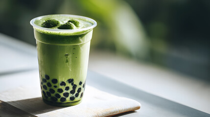 Matcha green bubble tea in transparent cup with bubbles on top