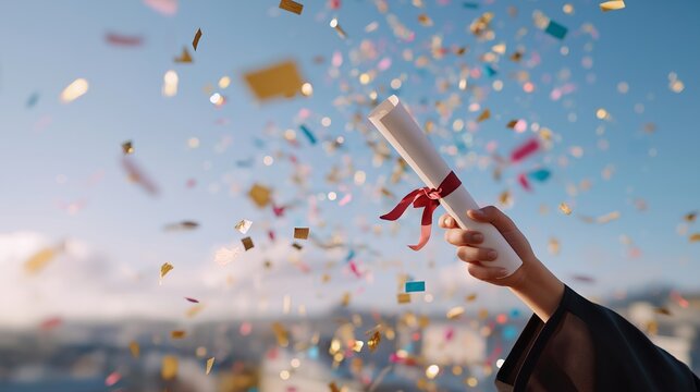 A festive celebration scene shows a graduation cap flying above while a rolled diploma is held proudly, surrounded by a vibrant shower of colorful confetti, symbolizing success and achievement.