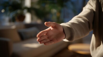 Extended hand of a person reaching out, simple yet powerful gesture representing help, understanding, trust, and compassionate communication. cinematic color correction, natural uneven lighting yet
