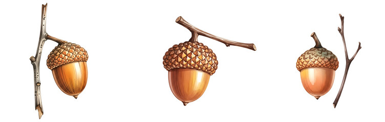 Three brown acorns with caps on branches on transparent background