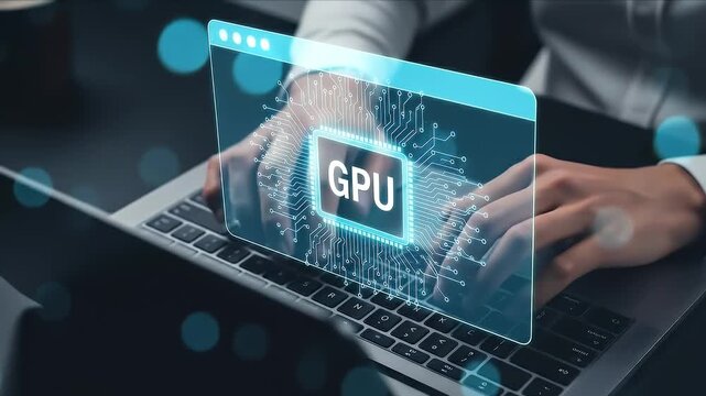GPU accelerated software and applications. Advanced data processing including simulation and machine learning. Businessman using laptop computer.
