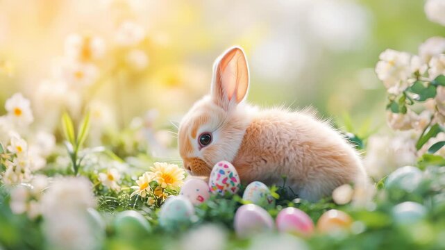 Cute rabbit sits among colorful eggs in a garden during spring time. Easter theme