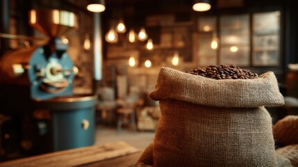 Coffee beans in sack in coffee shop setting with roaster background. Concept for cafe business and coffee production.
