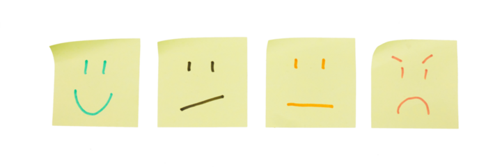 set of yellow sticky noted with various smile emoji face drawn on it isolated on white or transparent png
