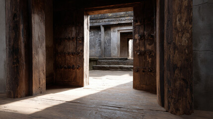 Ancient wooden doors of a serene temple opening into a quiet inner space, showcasing rustic craftsmanship and historical architecture