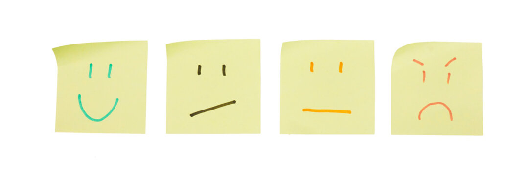 set of yellow sticky noted with various smile emoji face drawn on it isolated on white or transparent png