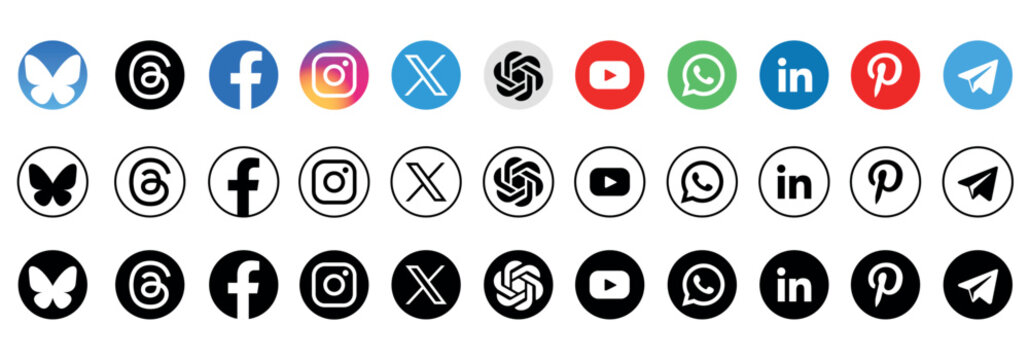 Social media icon set, social network logos, facebook, instagram, x, youtube, whatsapp, linkedIn, telegram, bluesky, tiktok.