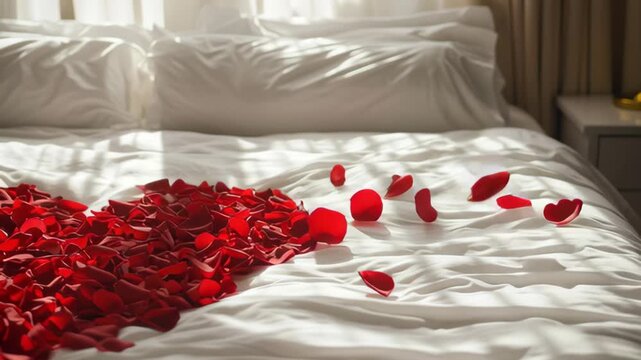 Romantic heart made of rose petals on bed in soft light during daytime