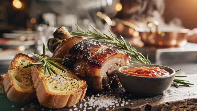 Delicious Roasted Pork Knuckle with Crispy Crackling, Toasted Bread, and Tomato Sauce on Wooden Board in Restaurant