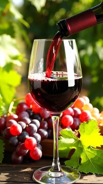 Red wine pouring from a bottle into a glass with a bunch of grapes on a wooden table, against a green leafy background on a sunny day