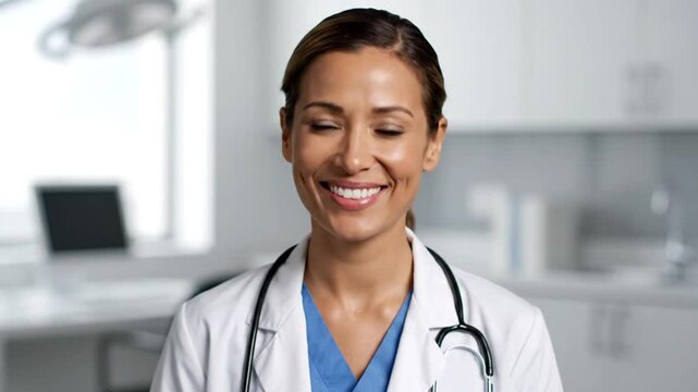 A confident female medical professional, dressed in a pristine white lab coat over blue scrubs and wearing a stethoscope, smiles warmly while looking directly into the camera. The background is a brig
