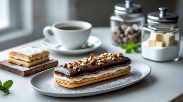 High quality cinematic video featuring a delicious chocolate eclair topped with crushed hazelnuts on a grey plate