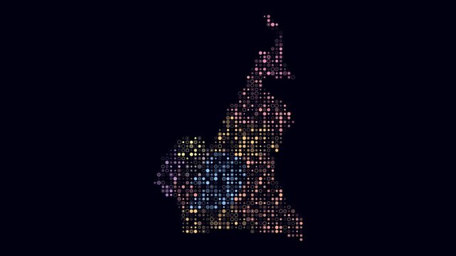 Cameroon map animation. Shape of the country with pulsating colored dots. Small size circle blocks. Digital style Cameroon map on dark background. Simple video.