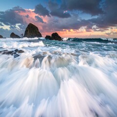 Obraz premium Ocean waves crash against rocks at sunset under colorful clouds, creating motion blur in the water