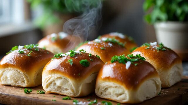 Cinematic close up of freshly baked, golden-brown dinner rolls resting on a rustic wooden board. 