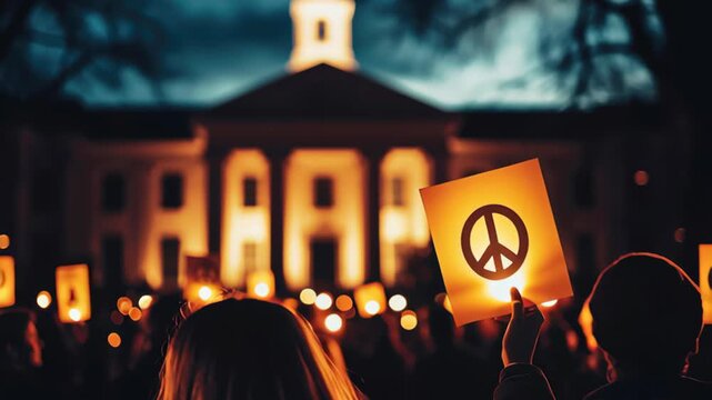 Gathering for peace at university with candles and signs in the evening