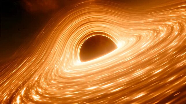 A vibrant, glowing orange and yellow accretion disk swirling around a dark black hole in deep space, illustrating a powerful cosmic phenomenon.