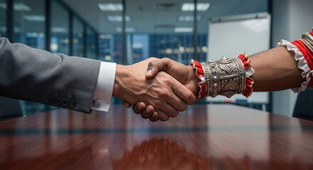 Handshake between corporate business executive and traditional Sri Lankan dancer. the ultimate deal, merging tradition with corporate power concept.