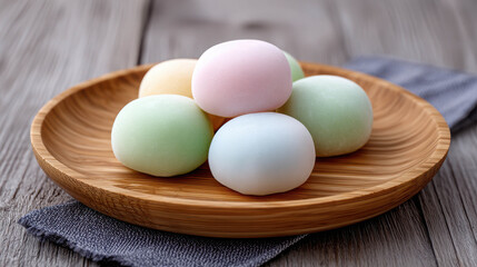 Beautifully Arranged Set of Pastel Colored Mochi on Wooden Plate with Natural Background and Soft Focus for Aesthetic Appeal