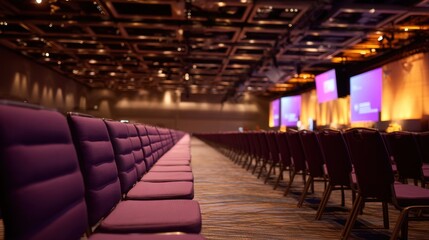 Naklejka premium Empty conference hall with rows of purple chairs facing screens. Large presentation room for business meeting, seminar, or event.