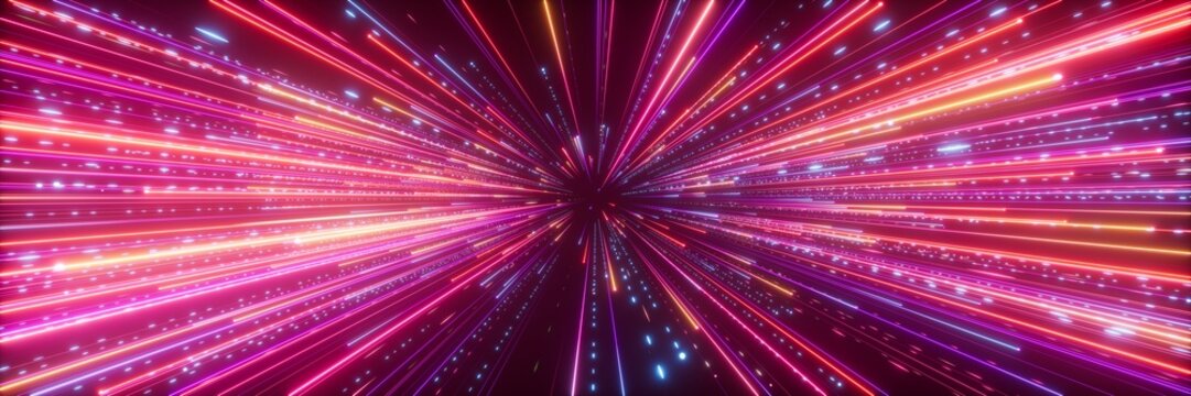 3D render of an abstract neon background featuring shooting stars, blue and red sparkling fireworks, and a cosmic explosion reminiscent of the Big Bang in a fantastic universe.