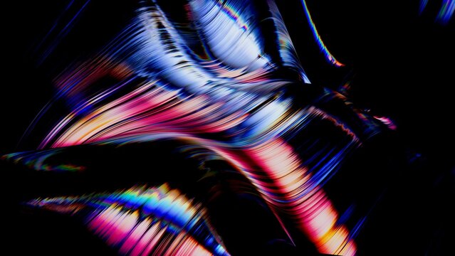 Dynamic colorful glass ripple pattern shines with pearlescent and neon reflections. Abstract shapes evoke energetic movement and light. 3D render illustration.