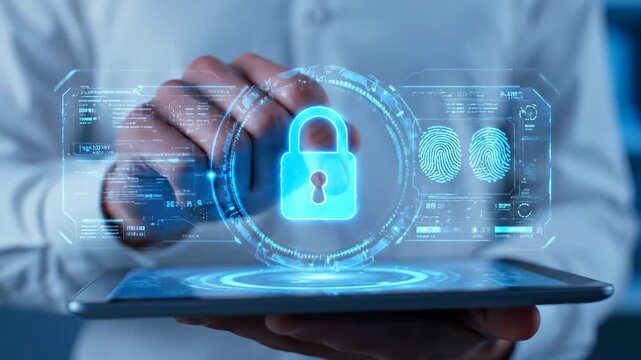 Futuristic digital security interface on a tablet with a lock icon and biometric data.
