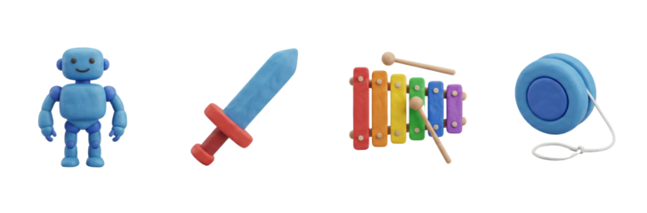 Clay Toys: Robot, Sword, Xylophone, Yo-yo - Isolated on White Background